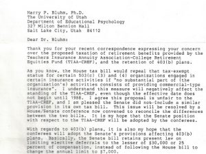 1986 — Letter Signed by U.S. Senator Jake Garn from Utah