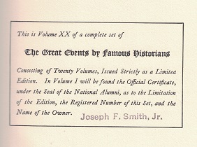 Set of Books Owned by Joseph F. Smith Jr. ~ Great Events By Famous Historians, 20 Vols, Limited Edition, Signed/Numbered