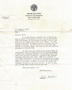 1946 Letter From Utah Governor Herbert B. Maw Welcomes Soldier Back from WWII