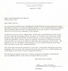 Letter Signed by David O. McKay, August 16, 1956