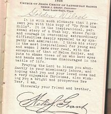 Book with Unique Heber J. Grant Letter: Up From the Hills, N. C. Hanks ~ 1921