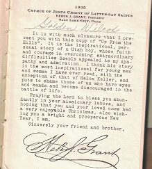 Book with Unique Heber J. Grant Letter: Up From the Hills, N. C. Hanks ~ 1921