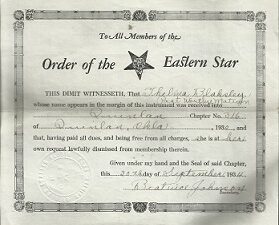 Certificate of the Order of the Eastern Star ~ 1934