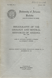 Bibliography of the Geology and Mineral Resources of Arizona: 1939-1952 – John W. Anthony, Eldred D. Wilson & Richard R. Moore