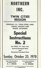 Burlington Northern Inc., Twin Cities Region, Special Instructions Number 2, Sunday, October 25 1970