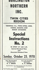 Burlington Northern Inc., Twin Cities Region, Special Instructions Number 2, Sunday, October 25 1970