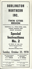Burlington Northern Inc., Twin Cities Region, Special Instructions Number 2, Sunday, October 25 1970