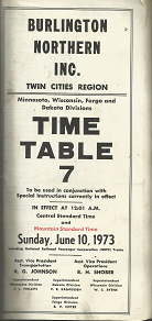 Burlington Northern Inc.: Twin Cities Region: Time Table 7