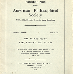Proceedings of the Americal Philosophical Society (June 16, 1969, Vol. 113, No. 3): The Planet Venus: Past, Present, and Future
