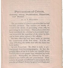 1881 ~ Prevention of Crime – Insanity, Idiocy, Drunkenness, Pauperism, and Disease ~ M. B. Billings