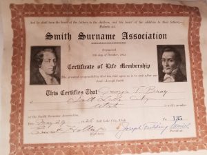Certificate Signed by President Joseph Fielding Smith — Smith Surname Association Certificate of Life Membership