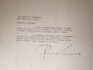 1921 — Letter Signed by Utah Senator Reed Smoot — To Herbert S. Auerbach