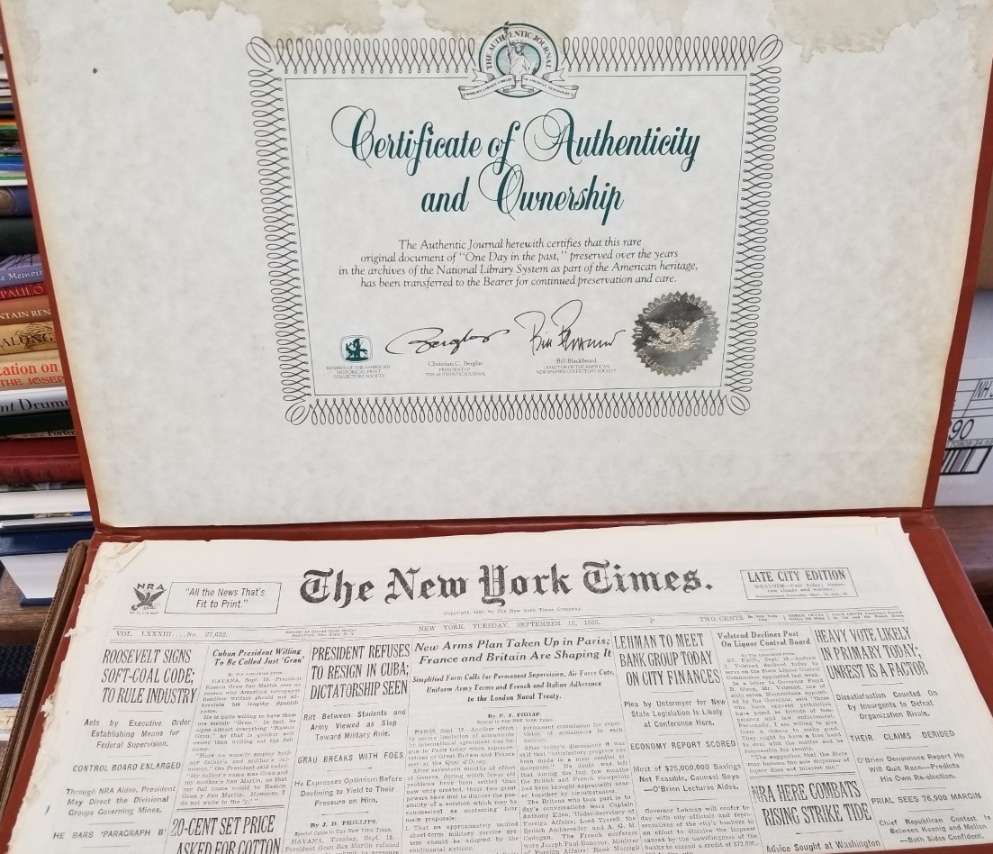 1933 ~ New York Times Newspaper ~ Issue From September 19, 1933 ~ Certificate of Authenticity