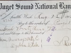 1902 ~ Puget Sound National Bank ~ Check ~ Written to Becker Brewing in Ogden, Utah