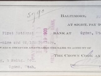 1903 ~ Check from The Crown Cork and Seal Co., to Becker Brewing and Malting of Ogden Utah ~ [First National Bank at Ogden, Utah]