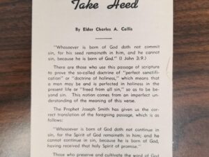 Take Heed ~ Elder Charles A. Callis ~ Pamphlet