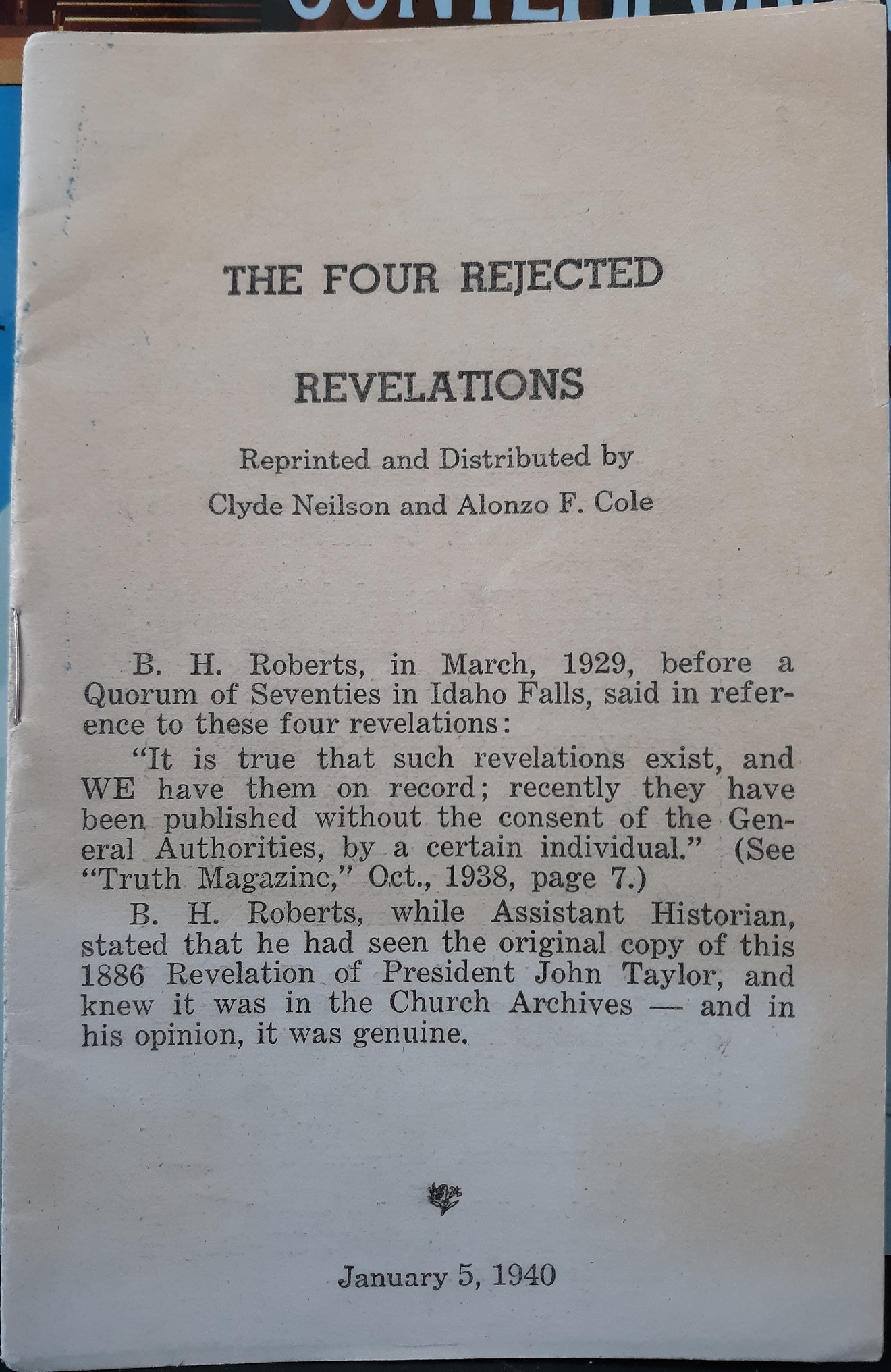 The Four Rejected Revelations (1940) ~ Reprinted and Distributed by Clyde Neilson, and Alonzo F. Cole