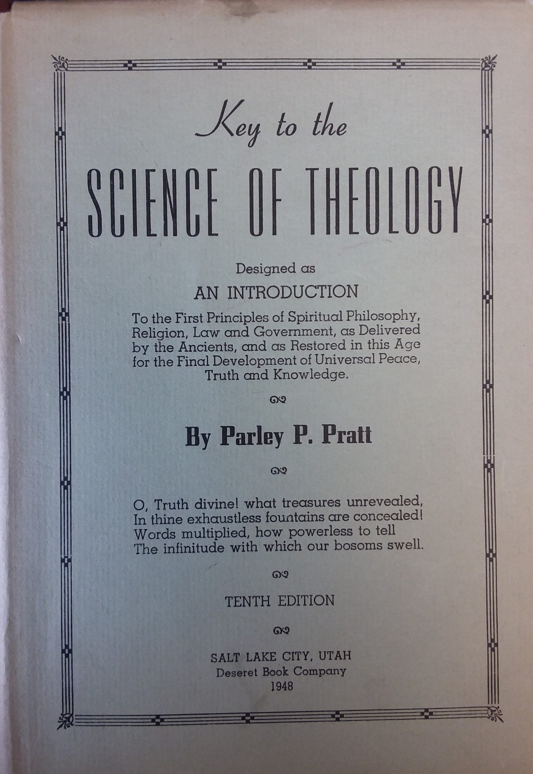 1948 Key To The Science Of Theology 10th Edition Parley P Pratt Eborn Books