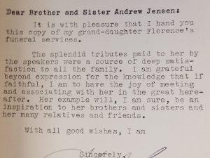 1933 ~ Funeral Services in Honor of Florence Cannon Snow ~ Letter to Andrew Jensen, Signed by President Heber J. Grant