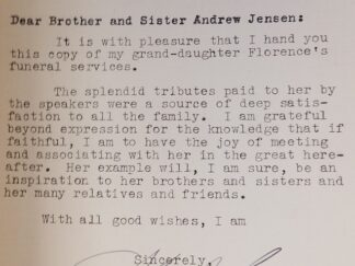 1933 ~ Funeral Services in Honor of Florence Cannon Snow ~ Letter to Andrew Jensen, Signed by President Heber J. Grant