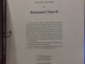 1999 – Information Concerning the Remnant Church – Remnant Church of Jesus Christ of Latter-Day Saints