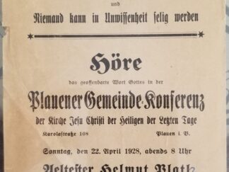 1928 - Extremely Rare German Broadside - Die herrlichkeit gottes ift intelligenz..... [The Glory of God is Intelligence...] - (Conference) - Early Mormon-German Item!