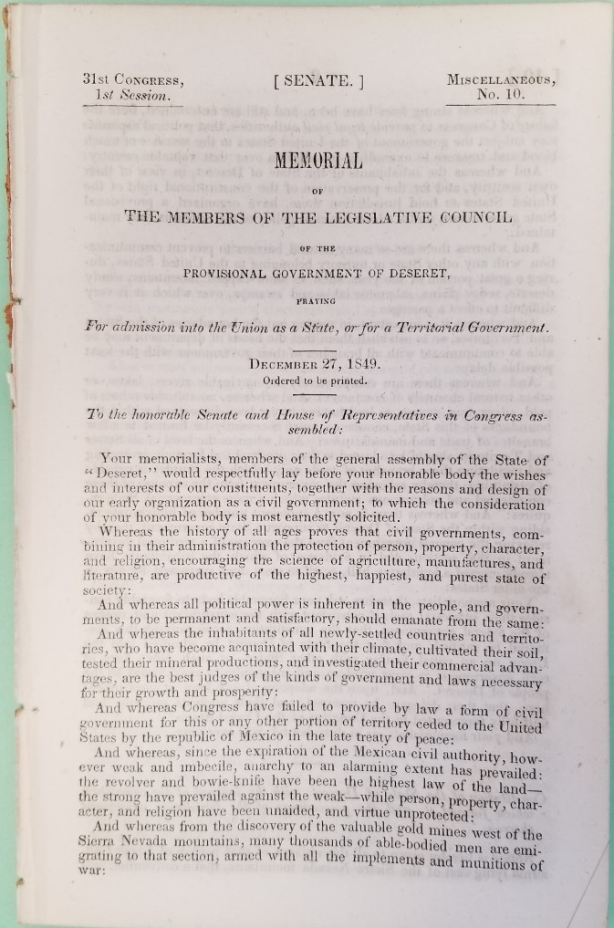 1849 ~ Memorial of The Members of the Legislative Council of the Provisional Government of Deseret – Willard Richards