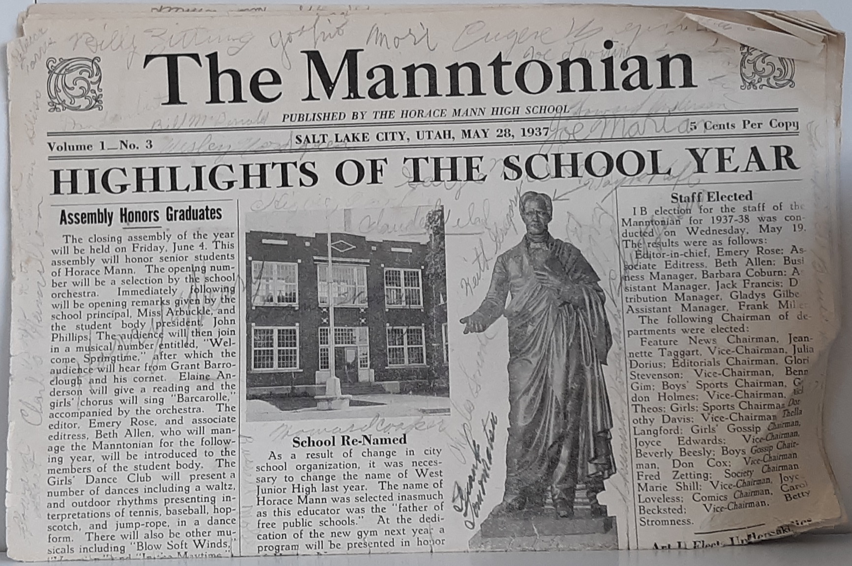 The Manntonian: Vol. 1, No. 3, May 28,1937 (Covered in Student Signatures) ~ Published by The Horace Mann High School