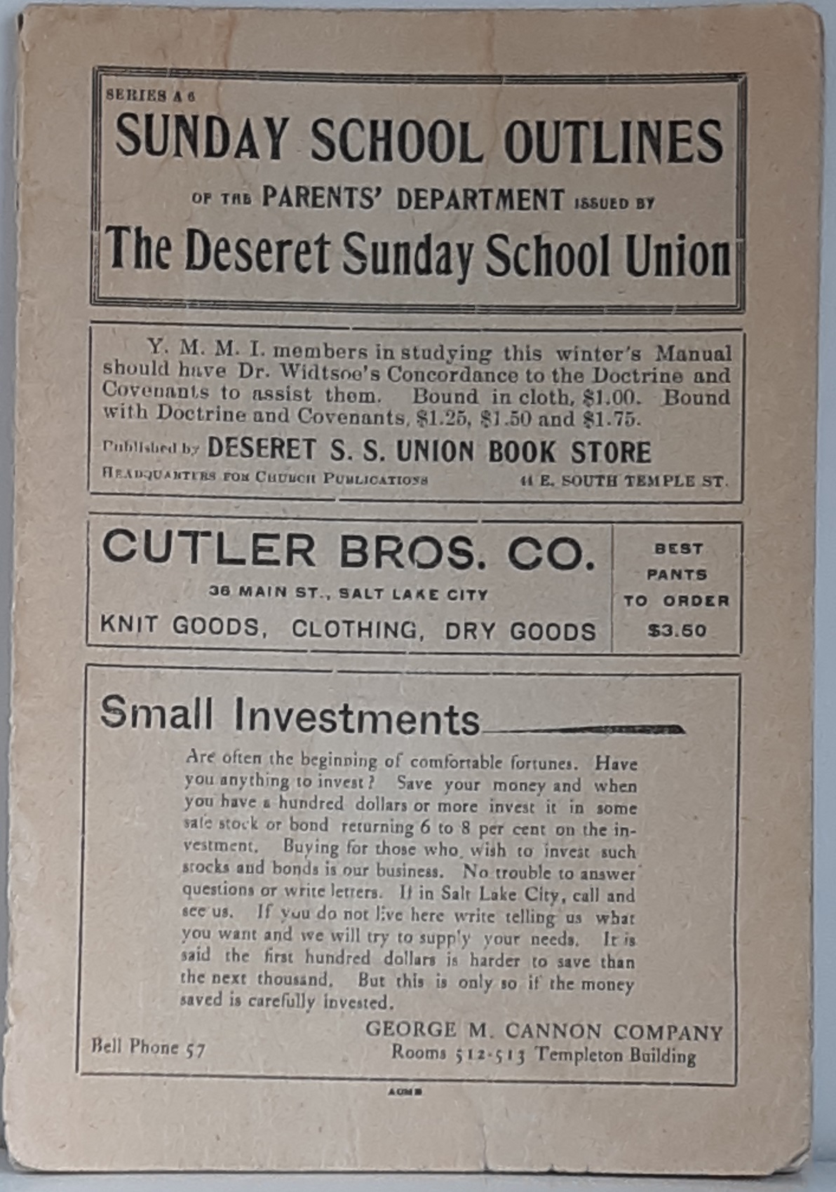 Sunday School Outlines of the Parent’s Department Issued by the Deseret Sunday School union: Series A 6 (1906?)