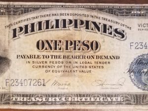 Philippines One Peso Note ~ Treasury Certificate ~ Large Margin on the Right Side & Japanese Government Five Pesos Bill