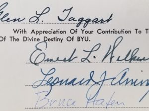 Book Signed by Glen L. Taggart, Ernest L. Wilkinson, Leonard J. Arrington, and Bruce Hafen – BYU First 100 Years, Volume Four