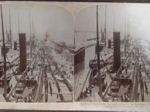 Strohmeyer & Wyman, Publishers Stereoview Card by Strohmeyer & Wyman: “Birdseye View of the Army Transports for Santiago, Tampa, U. S. A. (1898)