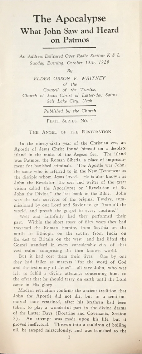 1929 ~ Elder Orson F. Whitney ~ The Apocalypse What John Saw and Heard on Patmos