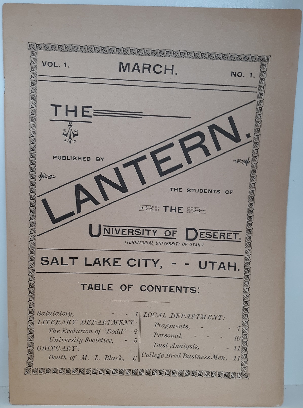 The Lantern: Vol. 1, No. 1, March, 1891 (1891) ~ Published by the Students of the university of Deseret