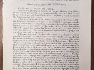 1879 – The Marriage Institution; A Discourse giving an explanation…. – Reported by Joseph May, of Sheffield — Pamphlet