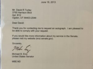 United States Senate ~ Official Letter ~ Signed (To: David R. Turley, From Michael B. Enzi)