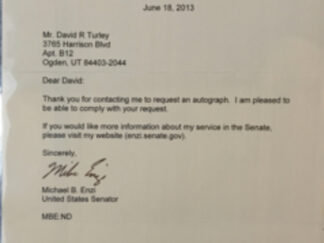 United States Senate ~ Official Letter ~ Signed (To: David R. Turley, From Michael B. Enzi)