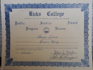 Ricks College Public Service Award Certificate for Evan King (Dated: 5-4-67) (1967)
