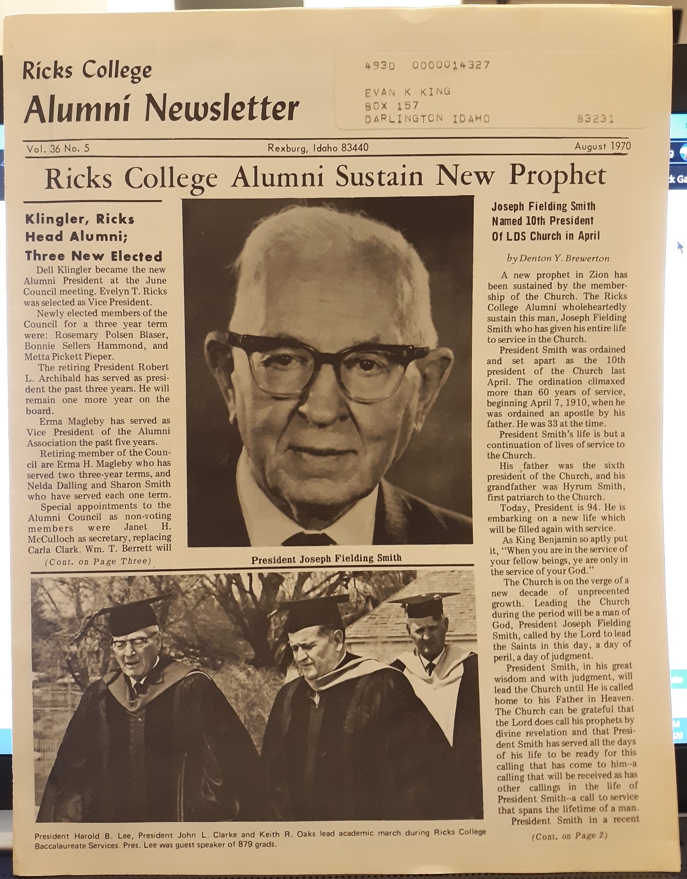 Rick’s College Alumni Newsletter: Vol. 36, No 5, August 1970