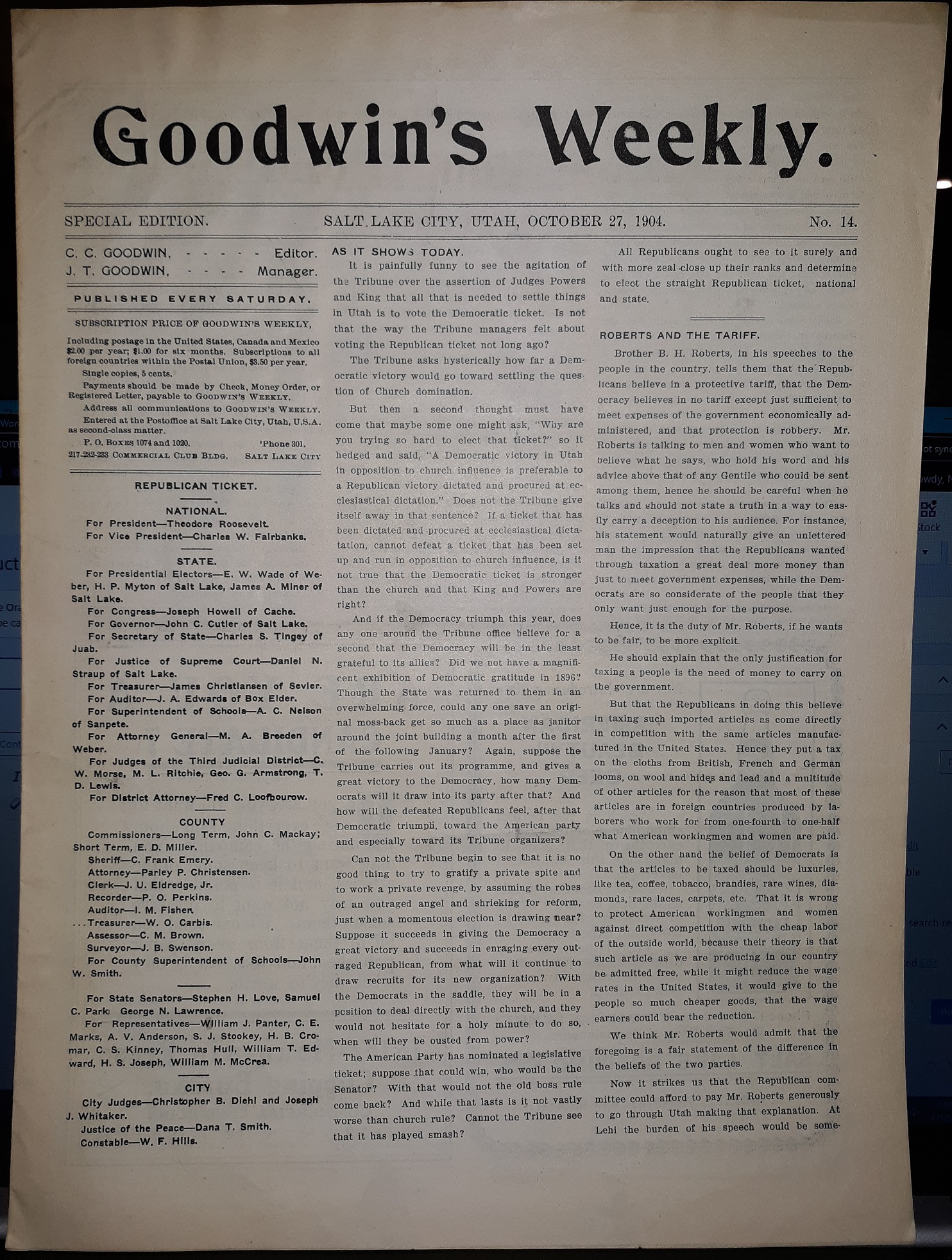Goodwin’s Weekly Newspaper: No. 14, October 27, 1904 (1904)