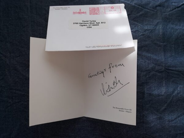 Signed card and Envelope of an Ontario Canada Senator