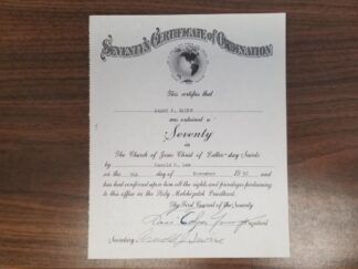 1952 --- Seventy's Certificate of Ordination -- Signed by Levi Edgar Young (President of the First Council of Seventy)