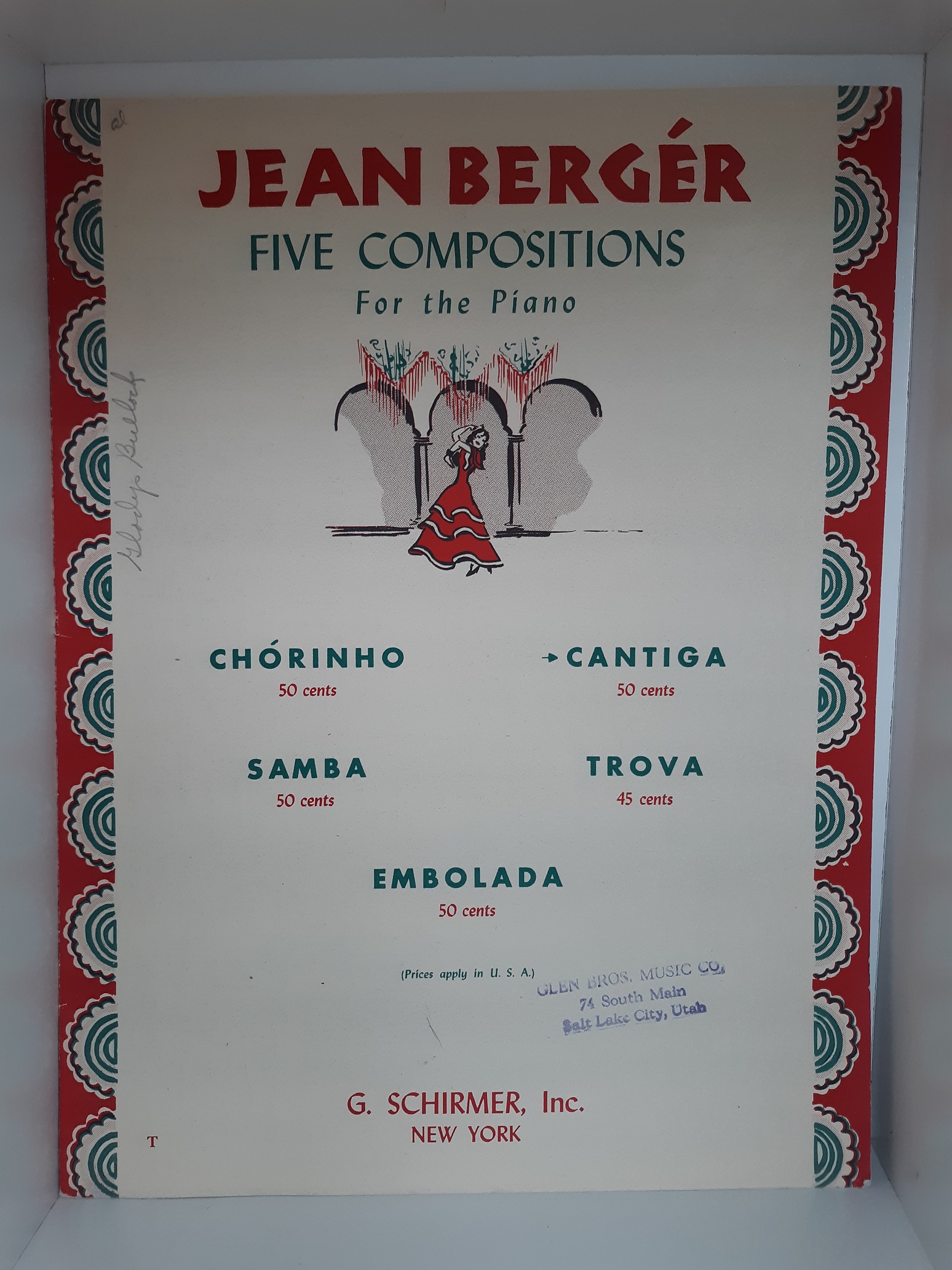 Jean Bergér Five Compositions for the Piano: Cantiga (Only One Composition) (Sheet Music)