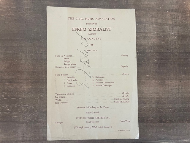 The Civic Music Association Presents Efrem Zimbalist Violinist in Concert ~ Program ~ Signed!