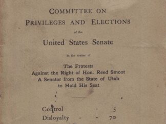 Softcover; unique and rare item with part of the testimonies given before the Senate regarding the Mormon Senator from Utah and the attempt of Congress to refuse him his seat because he was a polygamist. A bit worn and soiled; 111 pages; spine a bit torn and back cover barely holding on; a bit soiled on covers; not dated and no place of publication.