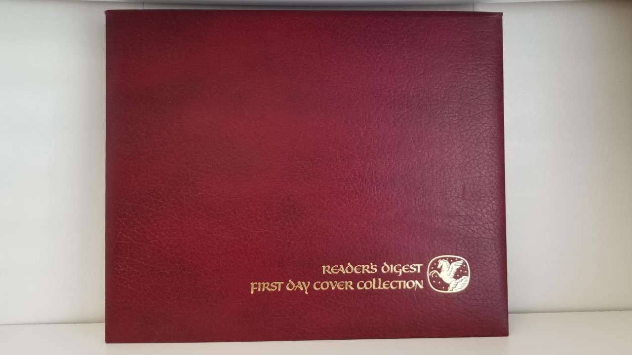 1980 — Reader’s Digest First Day Cover Collection — Red Leather 4-Ring Binder — Full of Stamps and First Day Issues