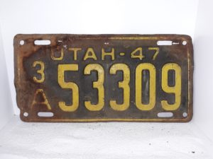 Utah 1947 License Plate: 3A53309