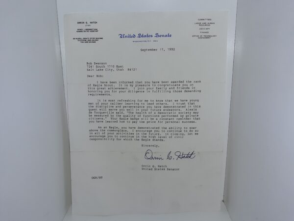 Letter from Senator Orrin G. Hatch of the United States Senate in 1992 w/ His Signature