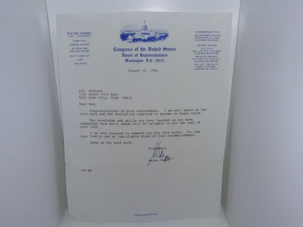 Letter from Wayne Owens from the House of Representatives in 1992 w/ His Signature