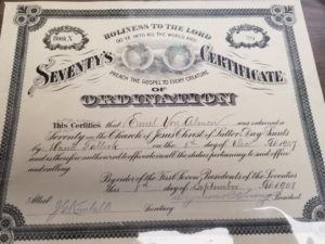 1908 — Seventy’s Certificate of Ordination —  Signed by Seymour B. Young and J. Golden Kimball ???